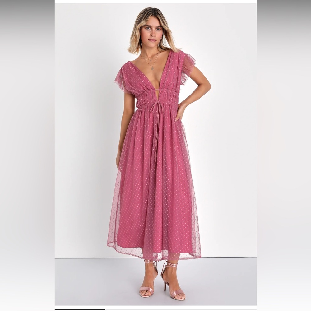 Lulus Yours Evermore Mauve Swiss Dot Ruffled Midi Dress